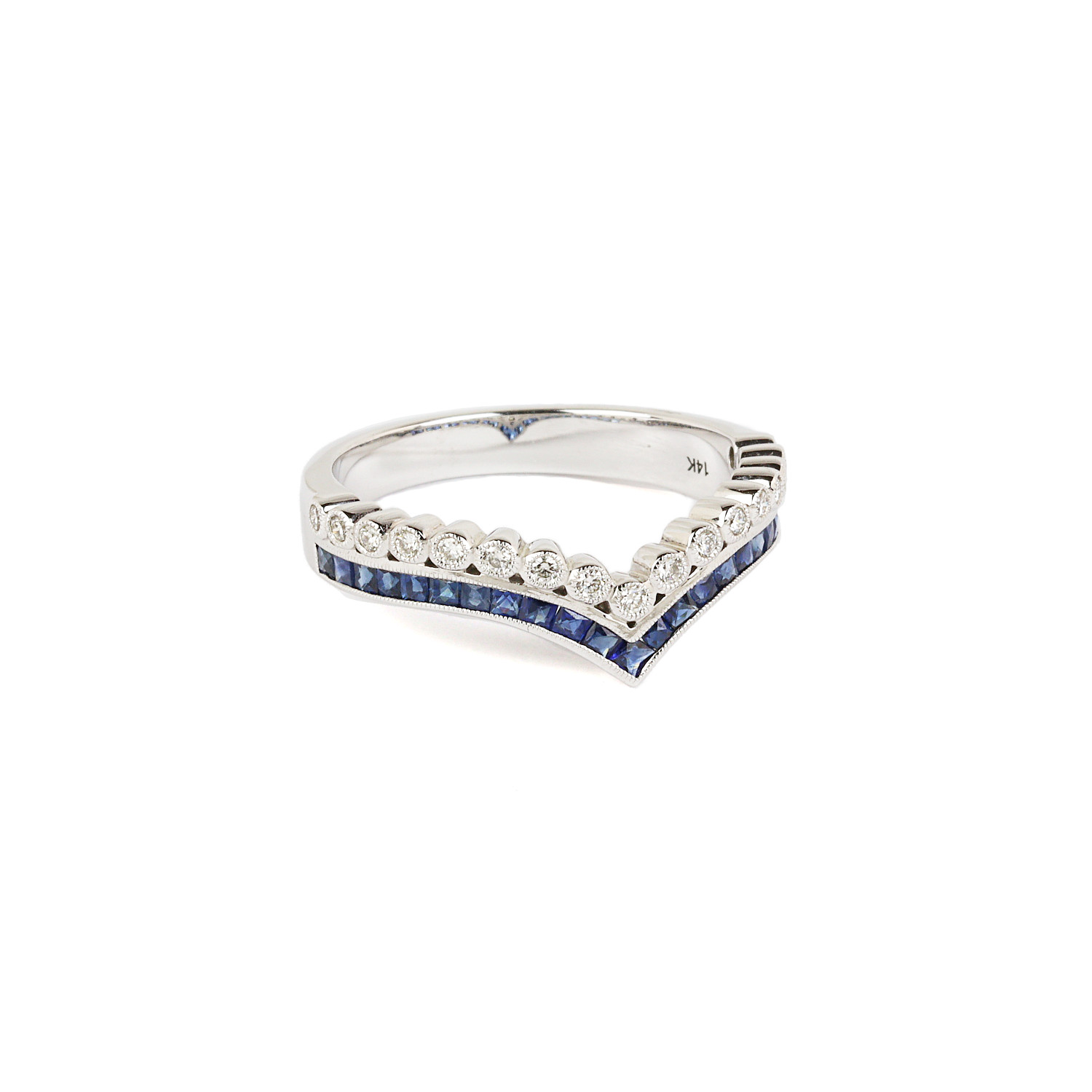 Gallery image of this Women’s 14k White Gold Diamond, Sapphire Chevron Ring