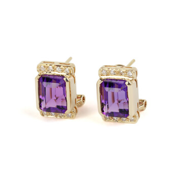 Featured image of this Women’s 14k Yellow Gold Amethyst, Diamond Omega Earrings