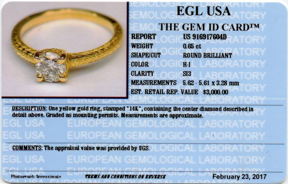 Gallery image of this Women’s 14k Yellow Gold Diamond Ring EGL Cert. Size 6.5