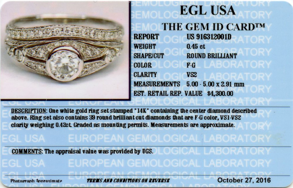 Gallery image of this Women’s 14k White Gold Diamond Bridal Ring Set EGL Cert.