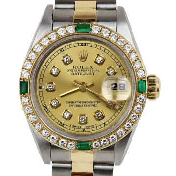 Featured image of this 18k Yellow Gold, Stainless Steel, Diamond & Emerald Datejust Rolex Wristwatch – 26mm Case