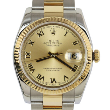 Featured image of this 18k Yellow Gold, Stainless Steel Roman Datejust Rolex Wristwatch – 36mm Case