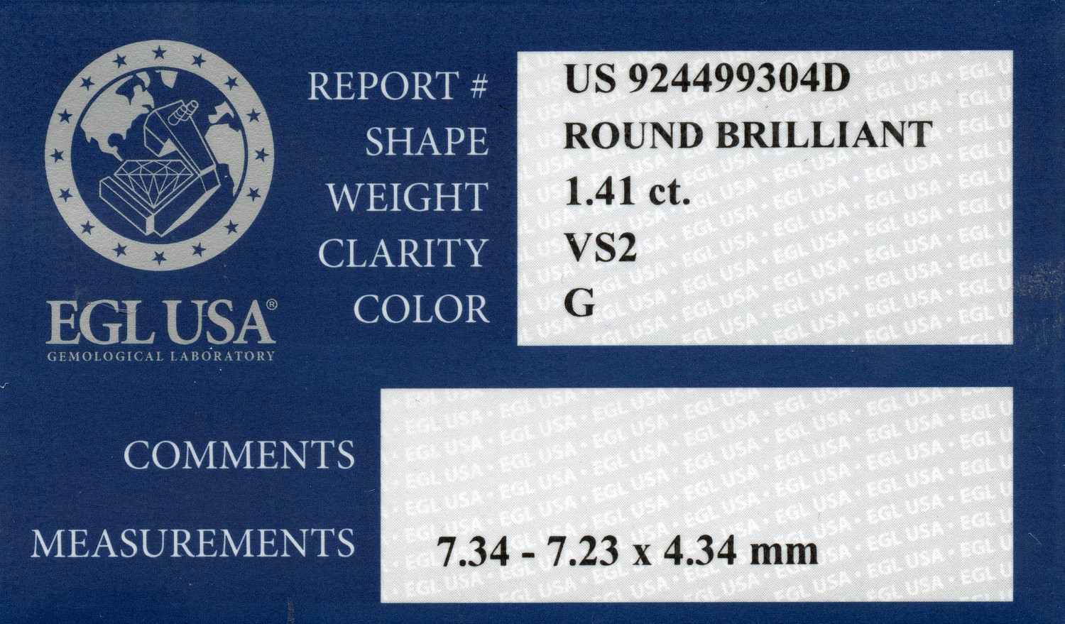 Gallery image of this EGL Certified 1.41ct Round Brilliant Cut Diamond G/VS2