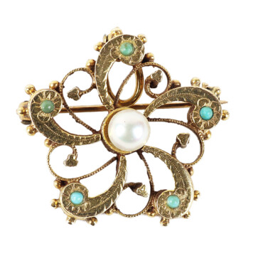 Featured image of this Women’s Vintage 14k Yellow Gold Pearl, Turquoise Brooch / Pendant