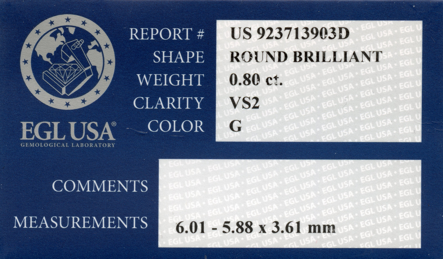 Gallery image of this EGL Certified 0.80ct Round Brilliant Cut Diamond G/VS2