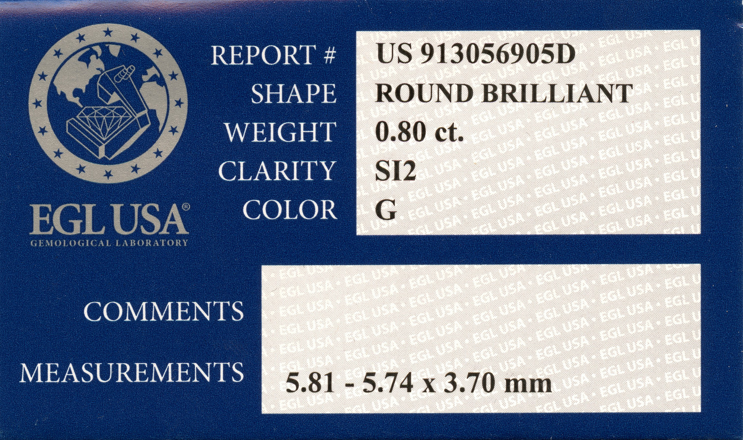 Gallery image of this EGL Certified 0.80ct Round Brilliant Cut Diamond G/SI2