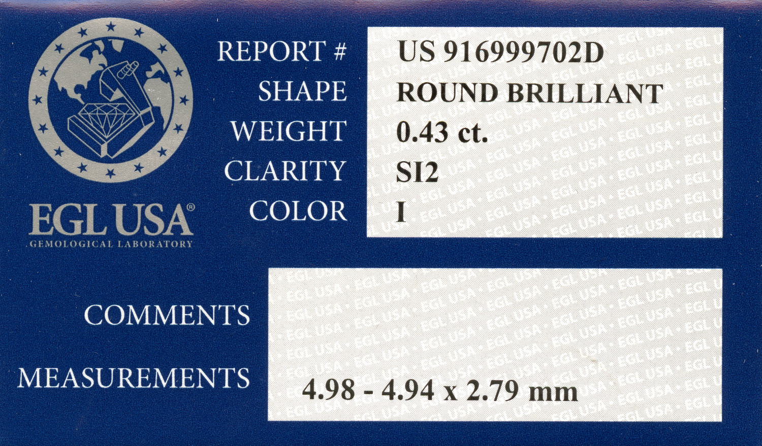Gallery image of this EGL Certified 0.43ct Round Brilliant Cut Diamond I/SI2