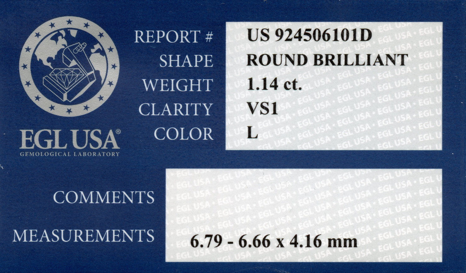 Gallery image of this EGL Certified 1.14ct Round Brilliant Cut Diamond L/VS1