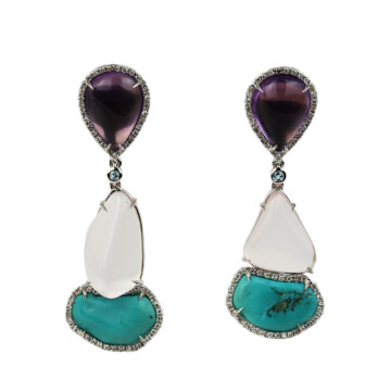 Featured image of this Fischer Women’s 14k White Gold Amethyst, Diamond, Quartz, Turquoise Dangle Earrings