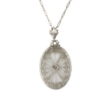 Featured image of this Women’s Art Deco 14k White Gold, Camphor Glass, Diamond Necklace