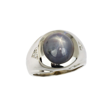 Featured image of this Unisex 14k White Gold Diamond, Star Sapphire Ring