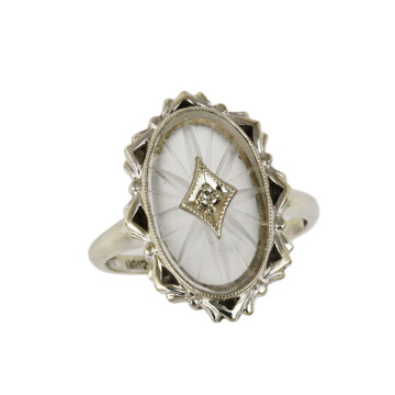 Featured image of this Vintage Women’s 14k White Gold Diamond, Camphor Glass Ring