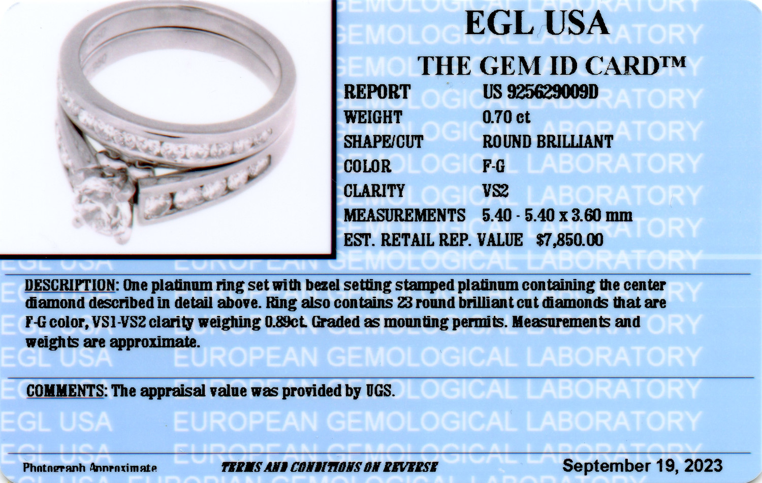 Gallery image of this Women’s Platinum Diamond Bridal Size 7 Ring Set EGL Cert
