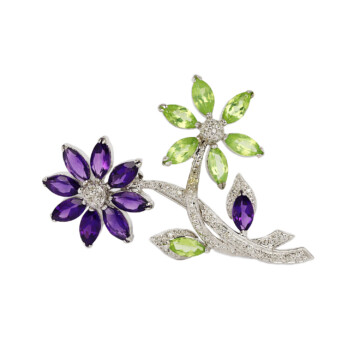 Featured image of this Women’s 14k White Gold Amethyst, Diamond, Peridot Flower Brooch
