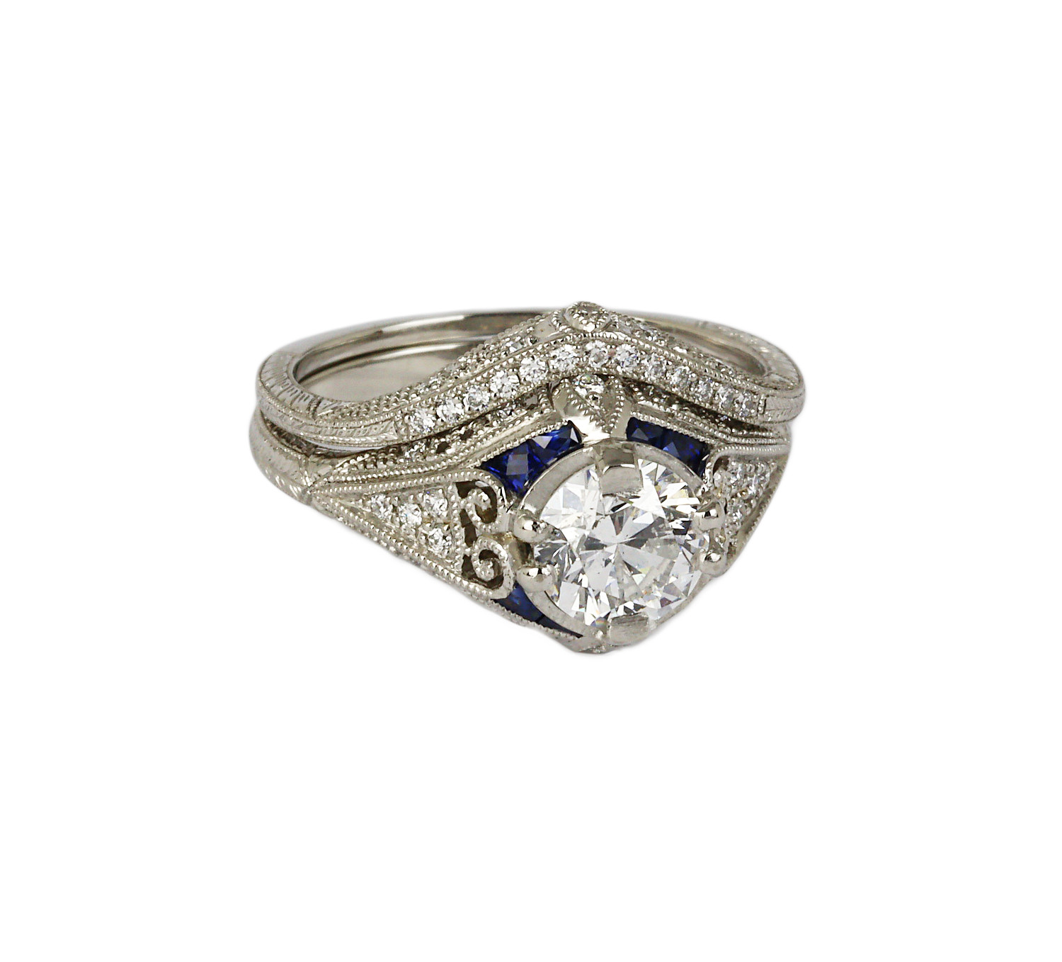 Gallery image of this Women’s Platinum Diamond, Sapphire Bridal Ring Set Size 6.5 GIA Cert