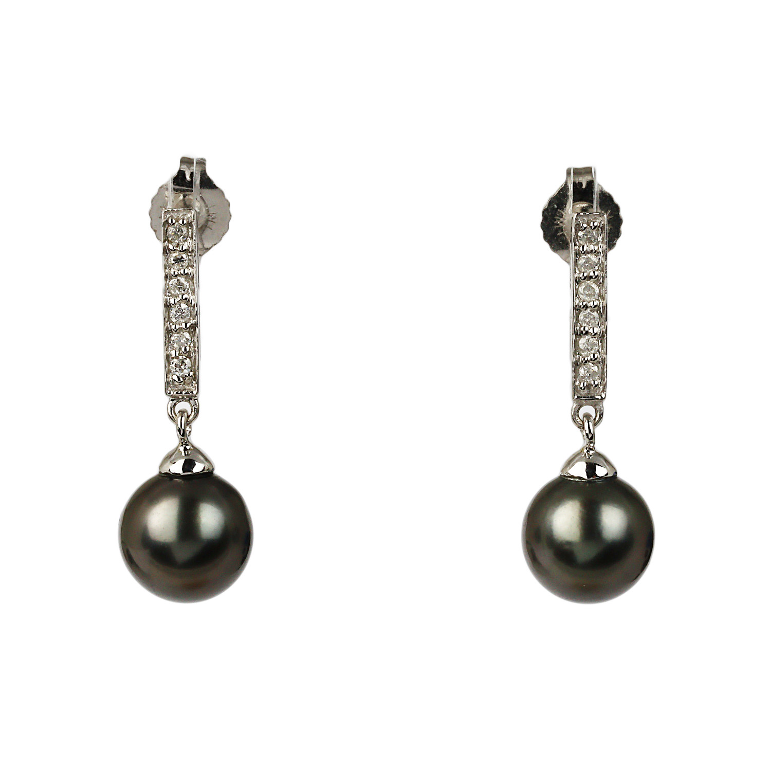 Featured image of this Women’s 14k White Gold, Diamond, Black Pearl Dangle Stud Earrings