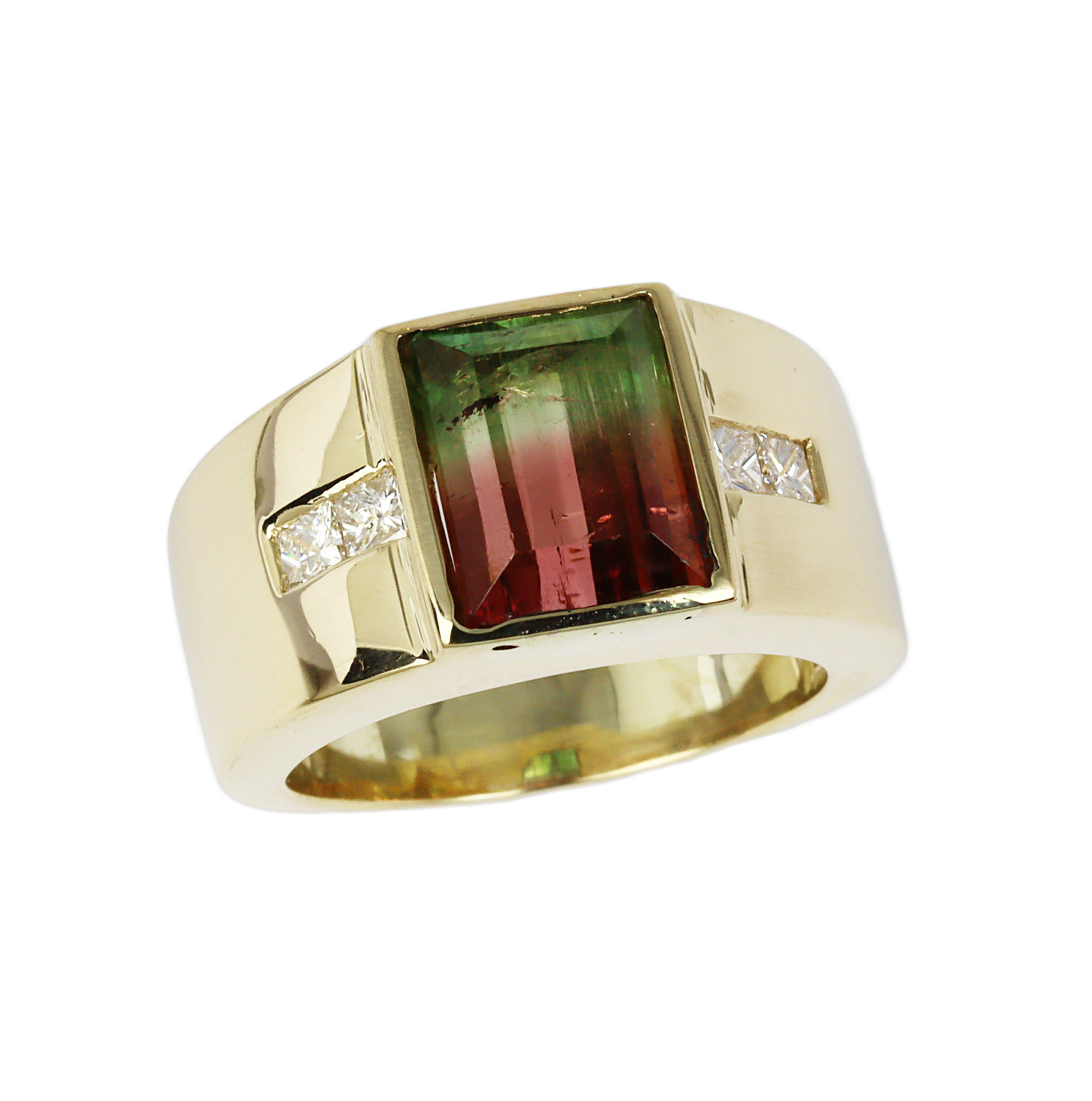 Featured image of this Men’s 14k Yellow Gold, Diamond, Watermelon Tourmaline Ring Size 7