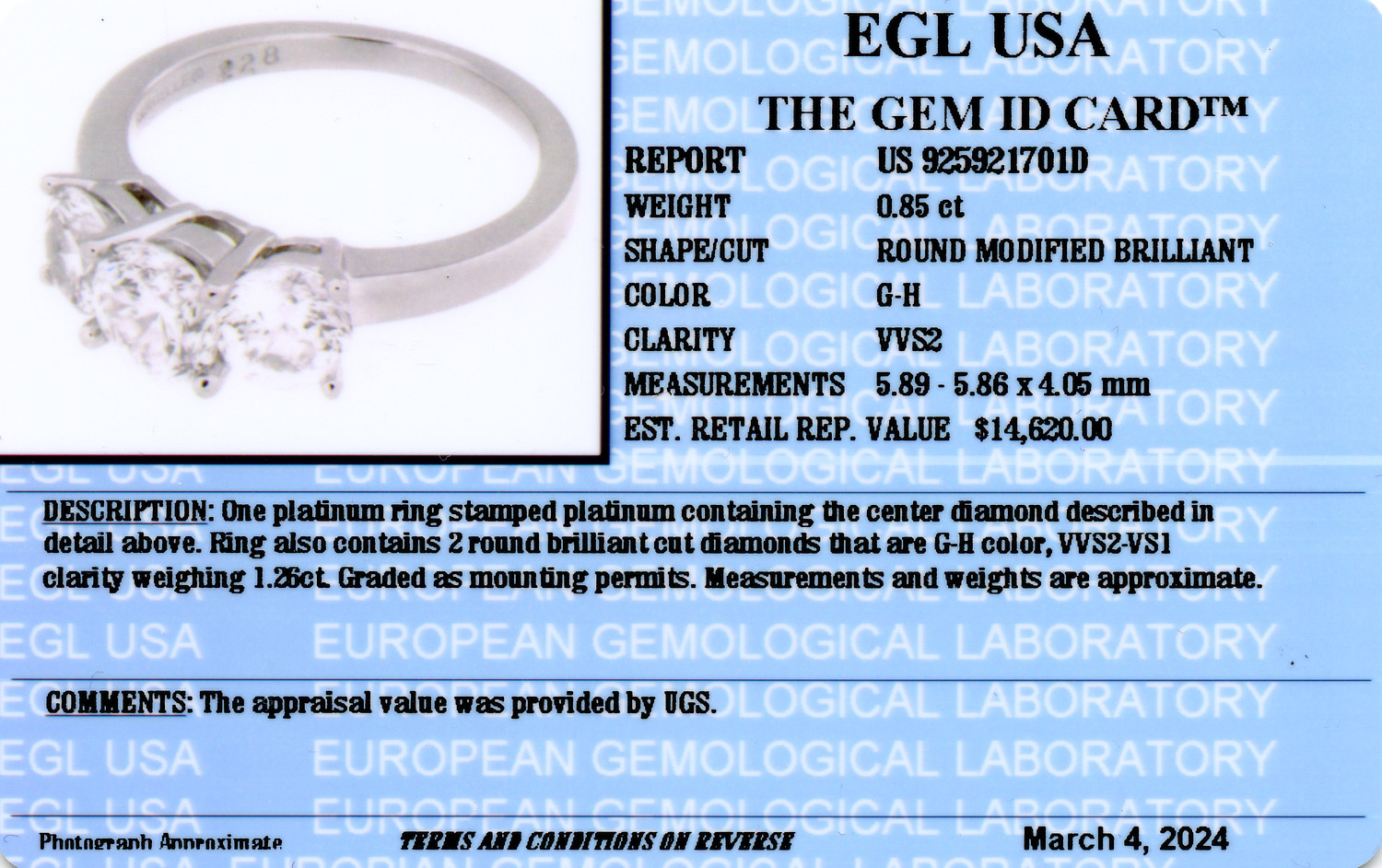 Gallery image of this Women’s Platinum Diamond Bridal Ring Size 6.25 EGL Cert