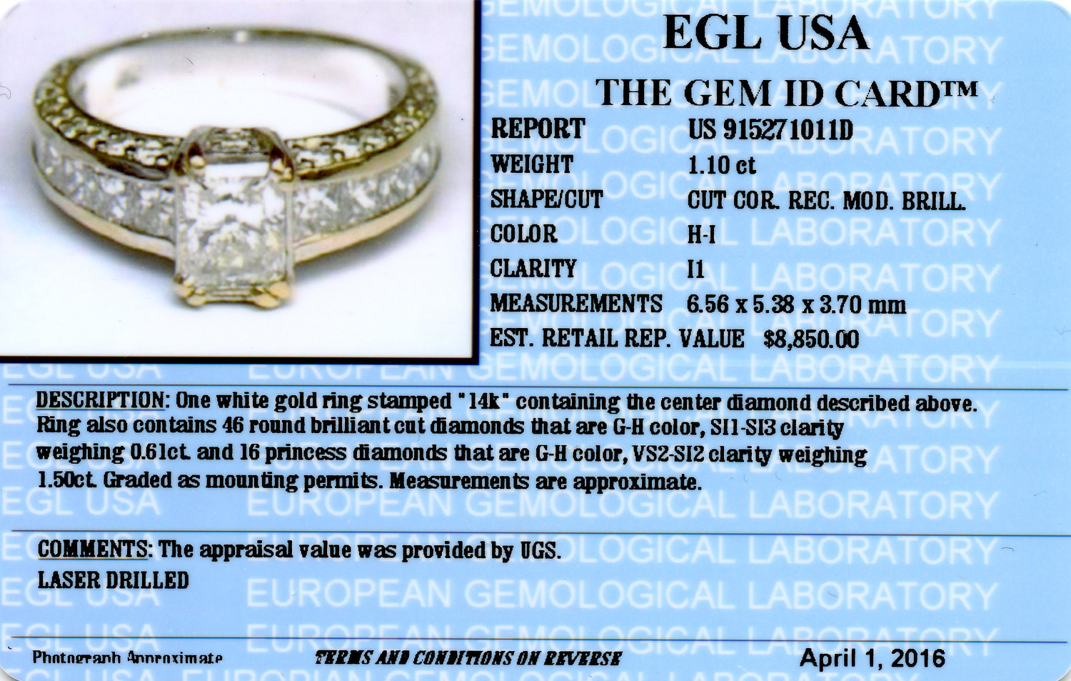 Gallery image of this Women’s 14k White Gold Diamond Ring Size 6.75 EGL Cert