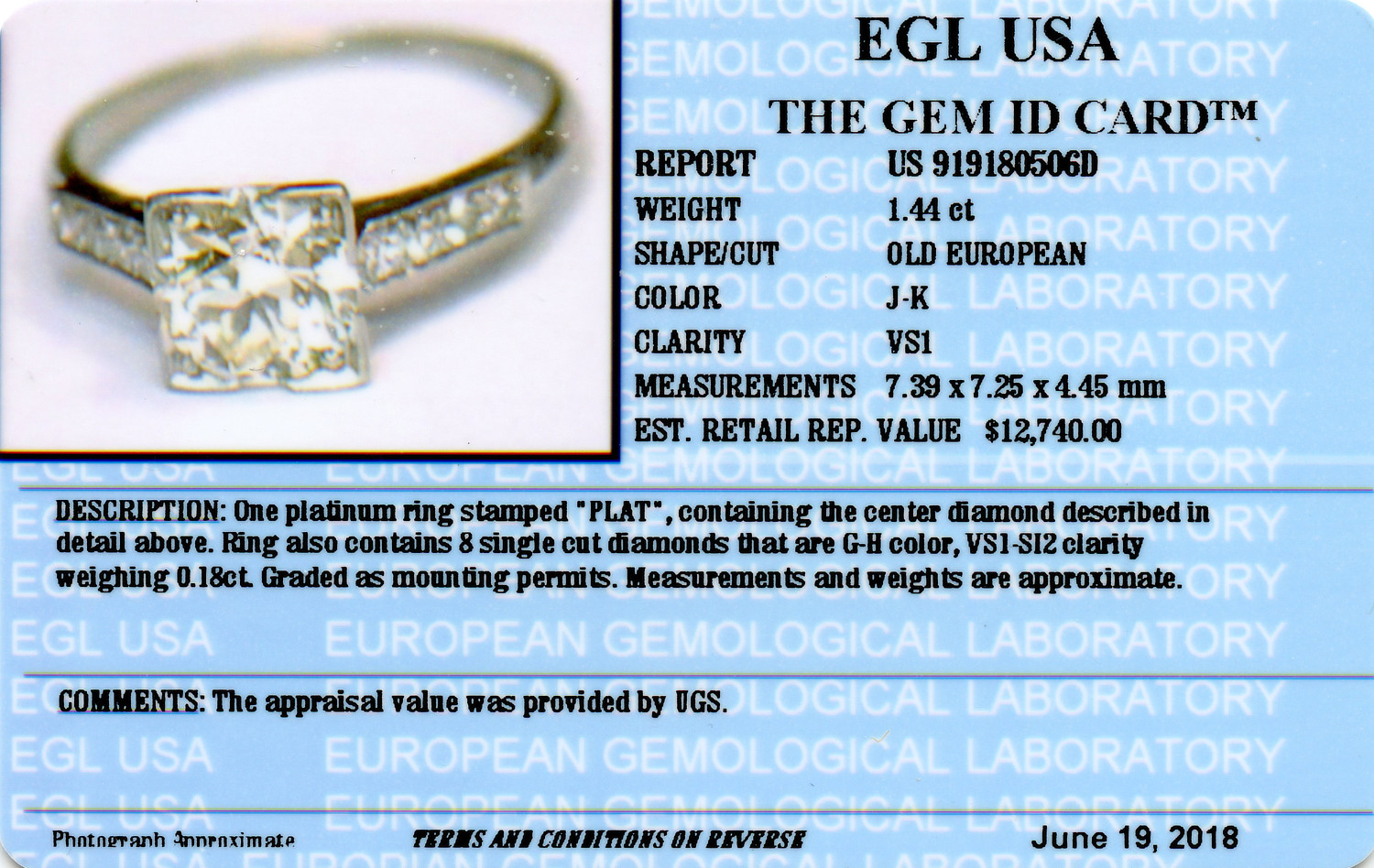 Gallery image of this Women’s Vintage Platinum Diamond Ring Size 6.5 EGL Cert