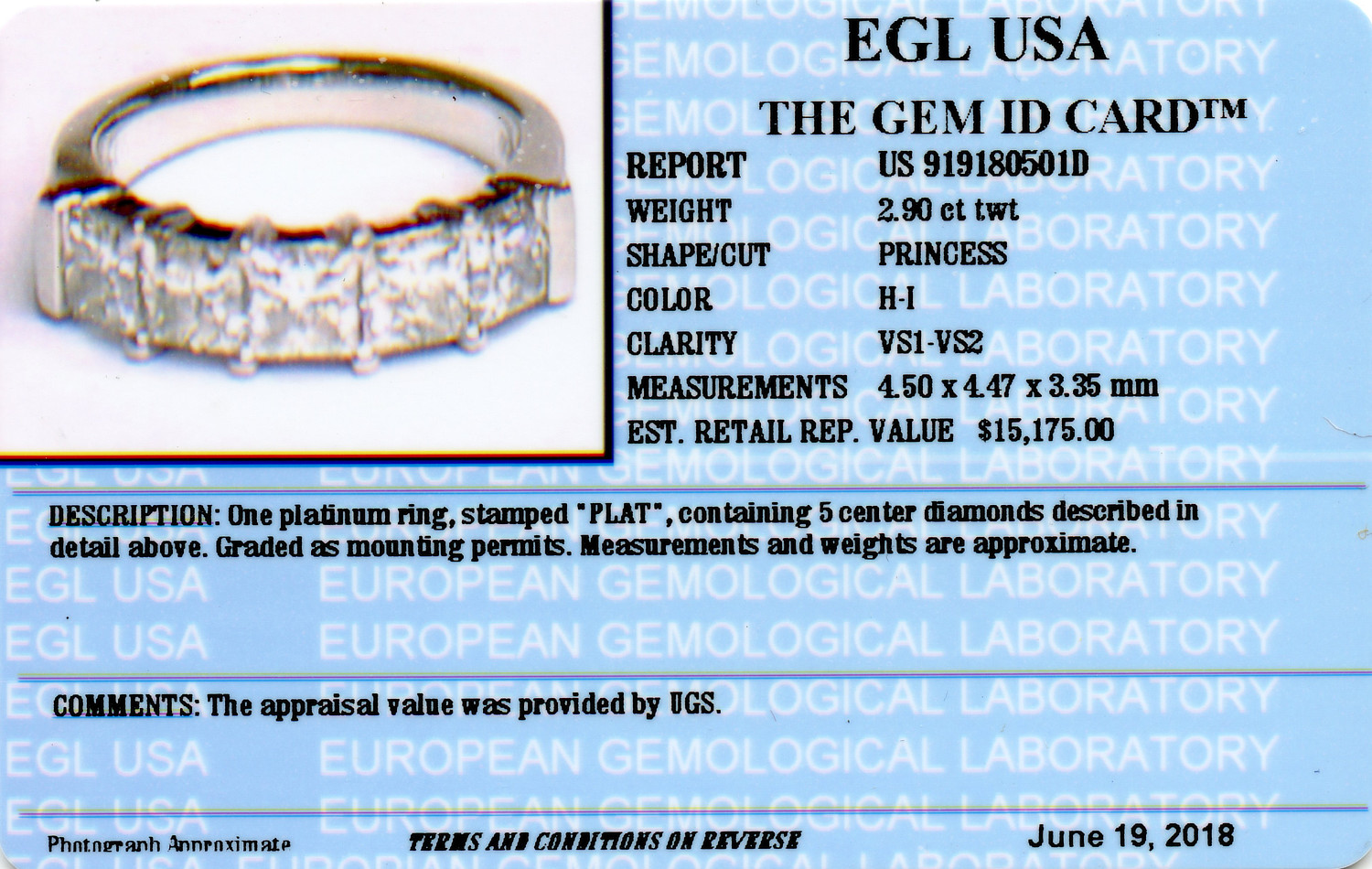 Gallery image of this Women’s Platinum Diamond Ring Size 6.5 EGL Cert