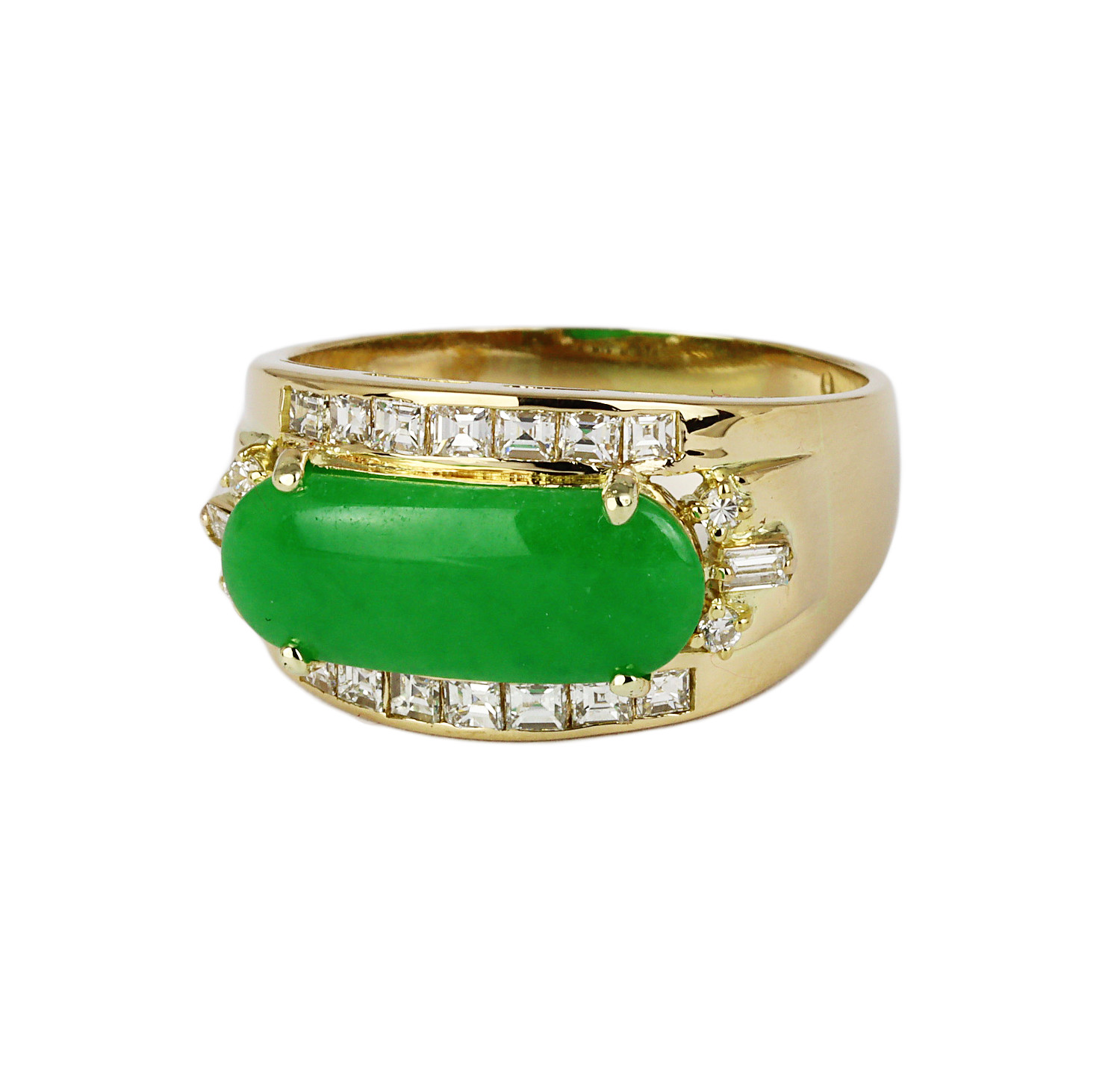 Gallery image of this Men’s 14k Yellow Gold, Diamond, Jade Ring Size 10.5