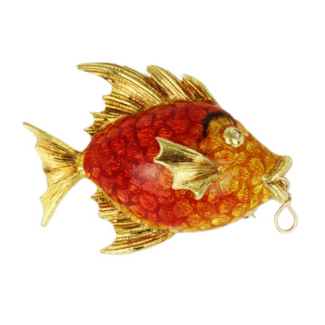Featured image of this Women’s 18k Yellow Gold Diamond, Enamel Fish Brooch