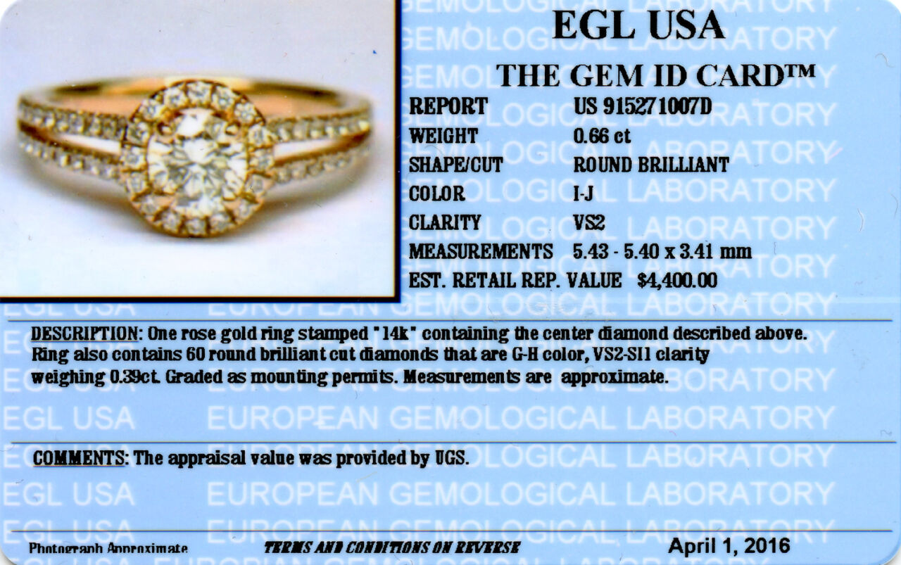 Gallery image of this Women’s 14k Rose Gold Diamond Bridal Ring Size 6 EGL Cert