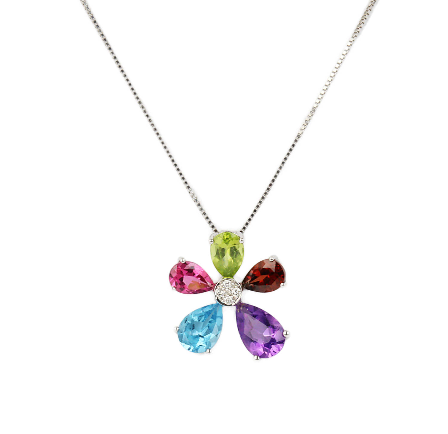 Featured image of this Women’s 14k White Gold, Amethyst, Diamond, Garnet, Topaz, Tourmaline Necklace