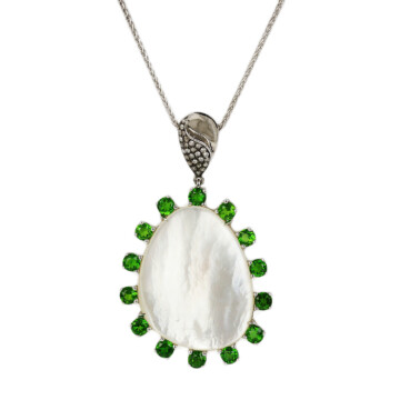 Featured image of this Fischer Women’s 14k White Gold, Diamond, Mother of Pearl, Tsavorite Necklace