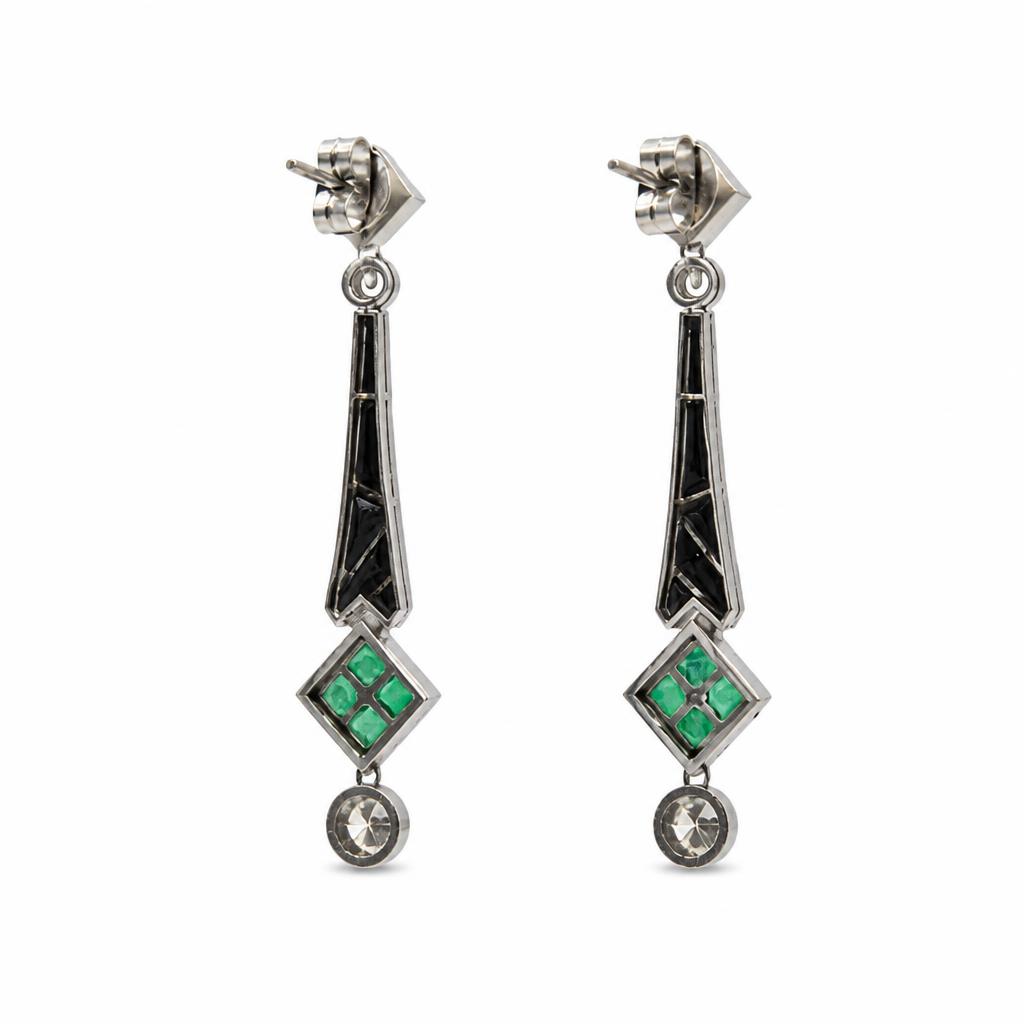 Gallery image of this Women’s Platinum, Diamond, Emerald, Onyx Dangle Earrings