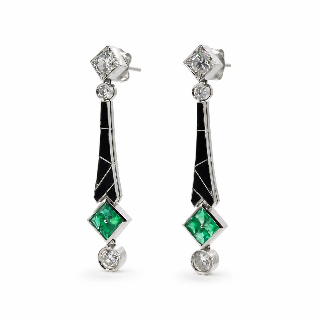 Featured image of this Women’s Platinum, Diamond, Emerald, Onyx Dangle Earrings